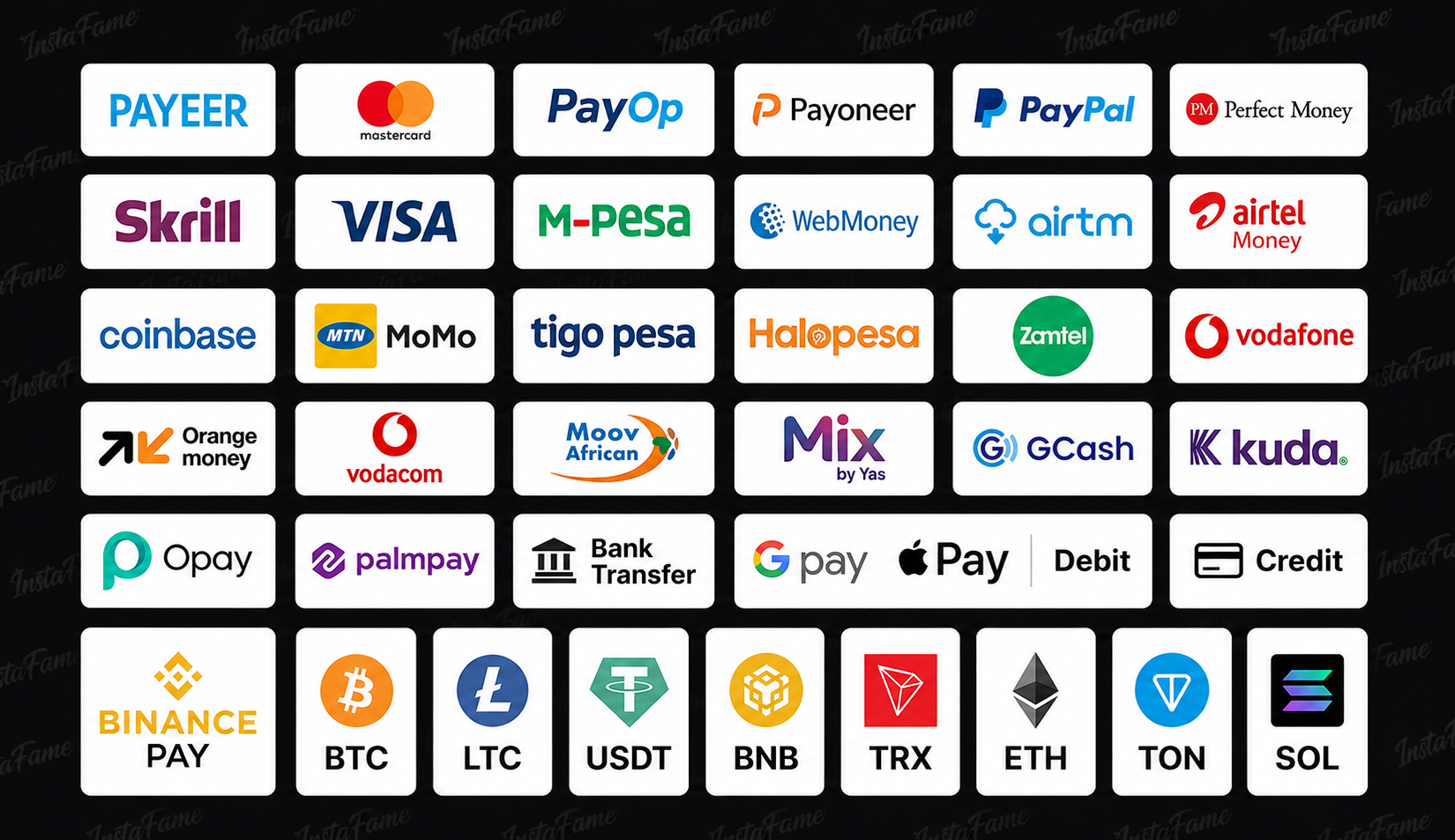 InstaFame accepted payments — M-Pesa, Airtel Money, MTN, Visa, Mastercard, Amex, KCB